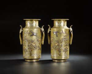 明治 銅金銀象嵌花鳥紋花瓶一対